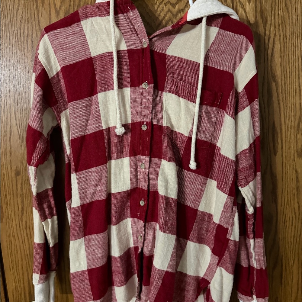 American Eagle Red and White Plaid Button-Up Hoodie